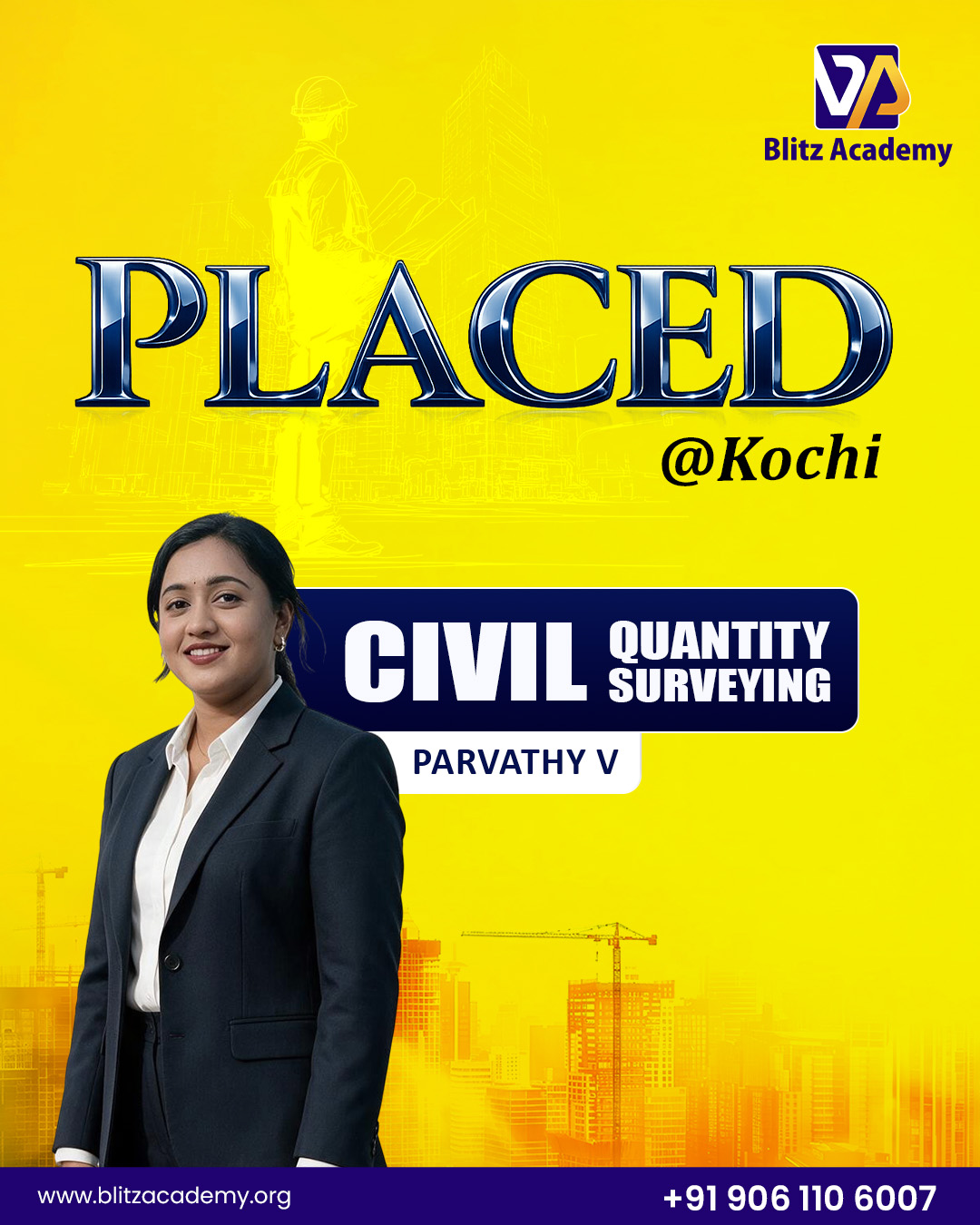 Parvathy V, placed as Civil QS (Kochi)